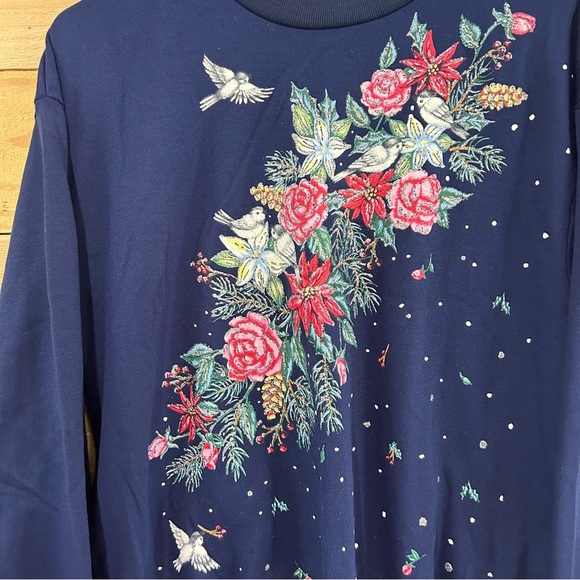 Vintage 90s Nutcracker Granny Sweater Medium Collared Flowers Birds Winter - Picture 3 of 7